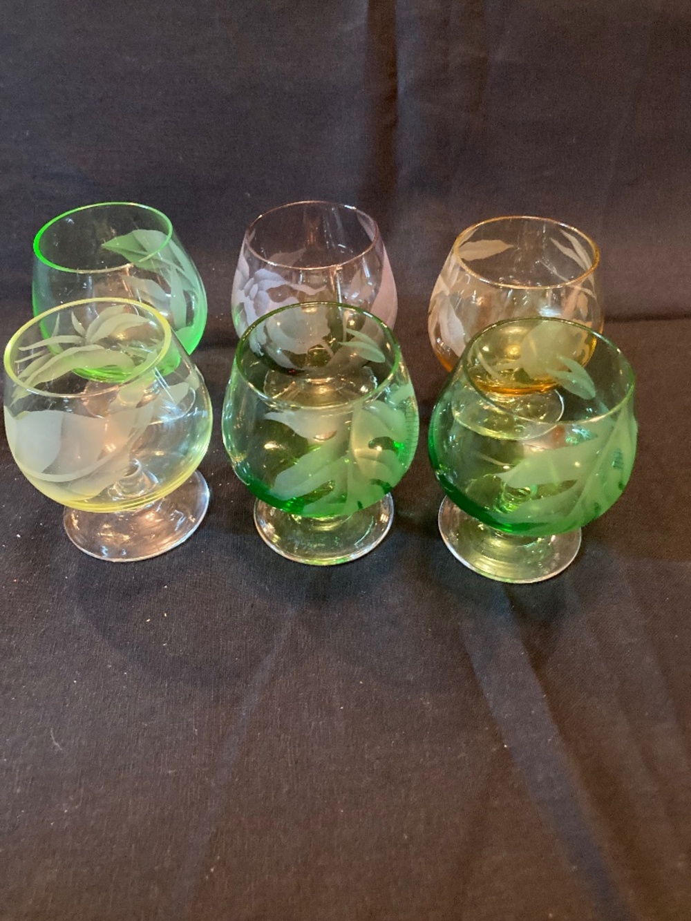 VINTAGE MID-CENTURY ETCHED GLASS BRANDY SNIFTERS